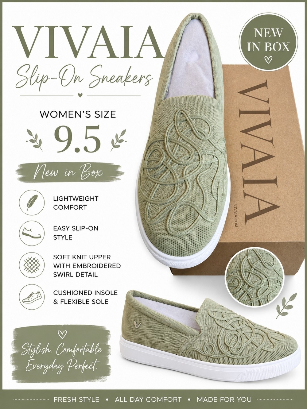 VIVAIA Slip-On Sneakers in Sage Green - Embroidered Knit Comfort